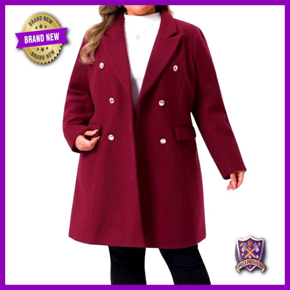 Plus Size Wool Pea Coat Double Breasted Notch Lapel Long Trench Elegant Chic - Picture 2 of 6